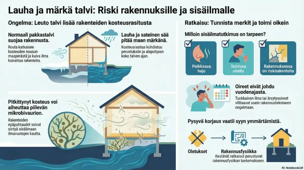 Lauha ja märkä talvi lisää riskiä rakennuksille ja sisäilmalle.